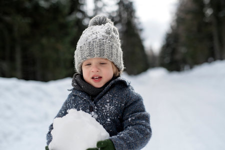 Portrait of small boy enjoying winter holiday in the mountains with family, playing in snow.の写真素材