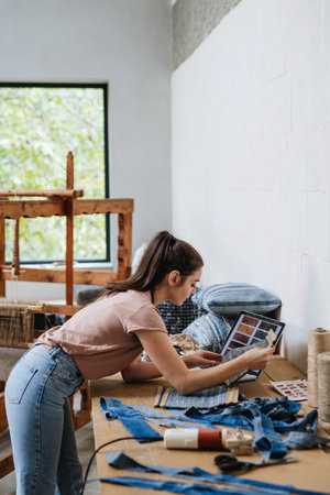 Young businesswoman working on workbench, preparing old fabric for weaving. Upcycled textile, small...