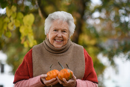 Portrait of elderly woman on walk in the park during warm autumn day, holding handful of pumpkins.の写真素材