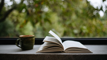 Hygge setup, cup of coffee and open book by big window. Still life concept.の写真素材