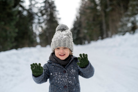 Portrait of small boy enjoying winter holiday in the mountains with family, playing in snow.の写真素材
