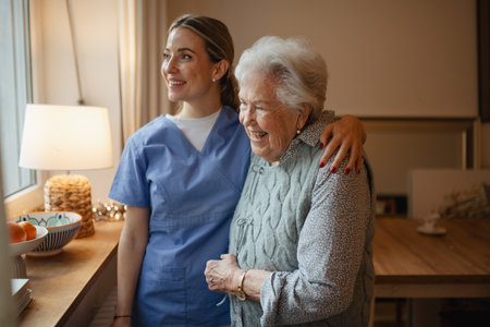 Caring healthcare worker visiting a senior patient at home, hugging her.