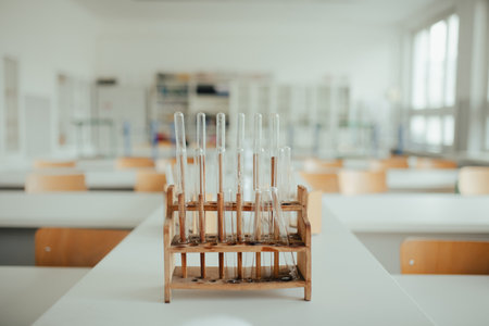 Laboratory test tube kit in wooden stand. Science lab, classroom.の写真素材