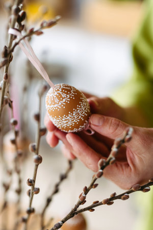 Decorating pussy willows branches with easter eggs.の写真素材