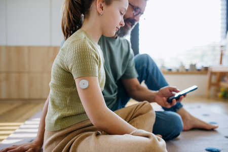 Diabetic girl with a CGM sensor on her arm.