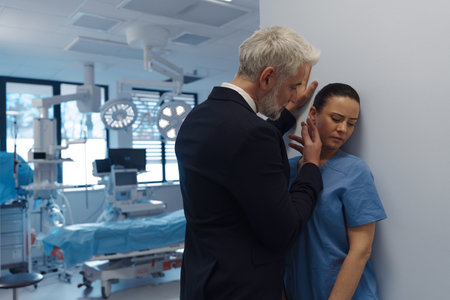 Hospital manager harassing nurse in healthcare setting.の写真素材