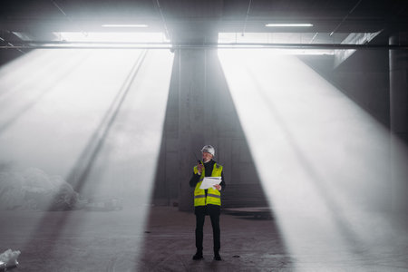 Construction foreman giving instructions over radio during building inspection.の写真素材