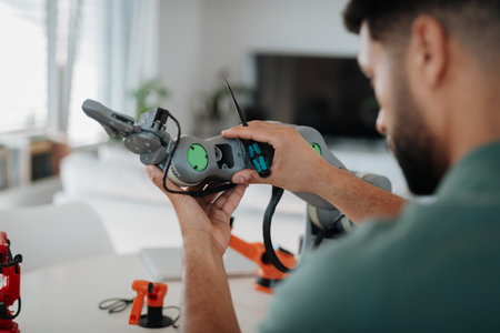 Close up of engineers hands building and programming a robotic arm at home.