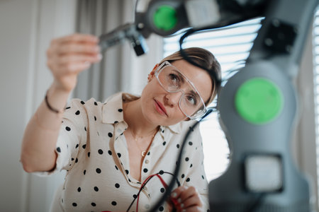 Female engineer building and programming a robotic arm at home.
