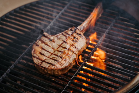 Grilling juicy Tomahawk steak on barbecue grill with smoke rising.の写真素材