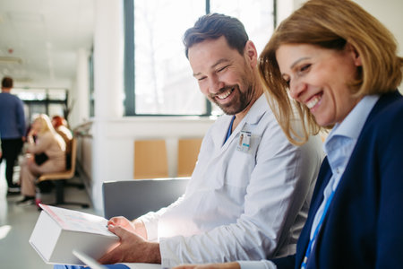 Pharmaceutical rep and doctor discussing drug samples and prescriptionsの写真素材
