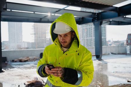 Construction worker text messaging while at work on modern building site.