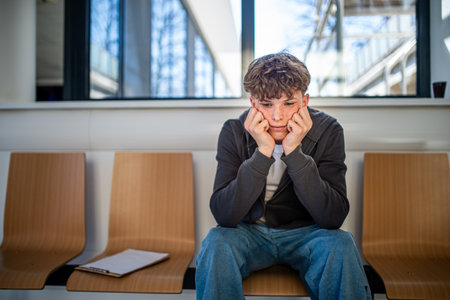 Teenage boy waiting alone in hospital waiting area before medical checkup.