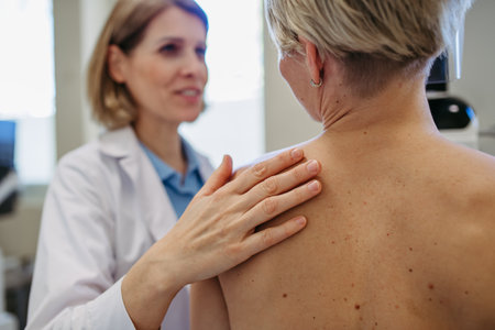 Radiologist comforting patient before mammogram screening.の写真素材