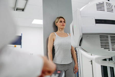 Female patient undergoing dynamic X-ray scan using tilting fluoroscopy wall unit.の写真素材