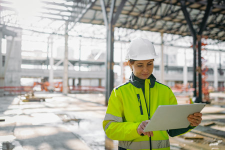 Female engineer checking building documentation on clipboard at construction site.