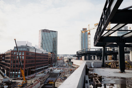 Urban development with unfinished structure and debris.の写真素材