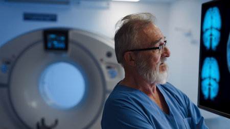 Portrait of doctor looking at CT scans of brain.の写真素材