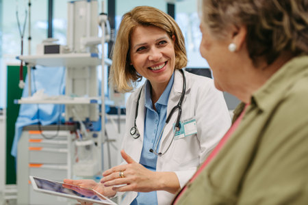 Geriatrician talking about test results with senior patient during check-up.の写真素材