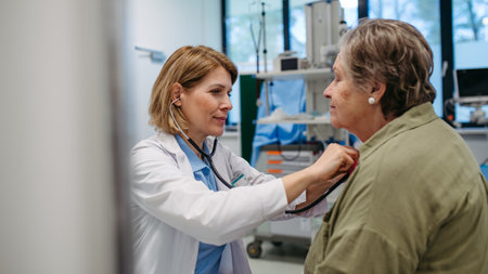 Geriatrician listening to senior patients heartbeat.の写真素材