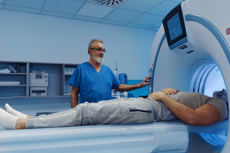 Male patient undergoing CT scan examination in hospital.の写真素材