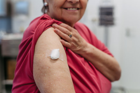 Close up of elderly patient after vaccination.の写真素材