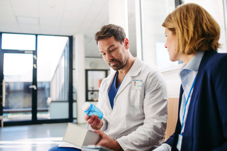 Female medical sales representative introducing pharmaceutical products to doctor.の写真素材