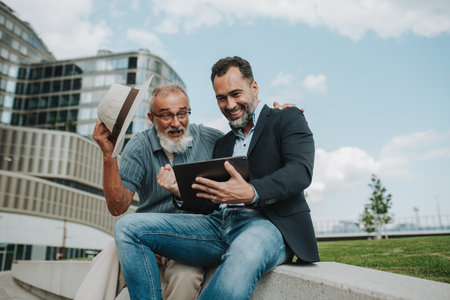 Father and adult son sharing a joyful moment, watching something in tablet.の写真素材