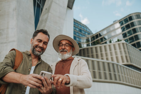 Father showing son something in smartphone, sharing a joyful moment.の写真素材