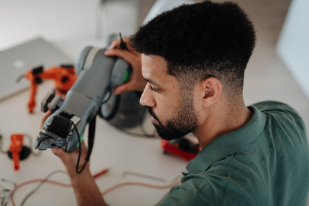 Engineering student creating and calibrating a robotic arm