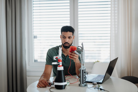 Engineer testing robotic arm circuitry using a multimeter.