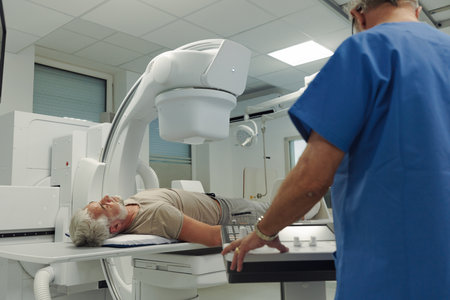 Doctor operationg CT machine in hospital.の写真素材