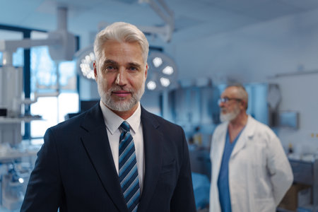 Portrait of pharmaceutical sales representative with doctor standing behind him.の写真素材
