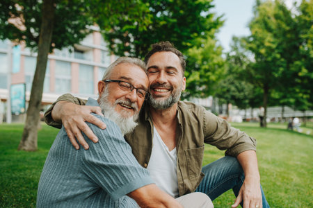 Portrait of handsome mature man and his older father hugging each other.の写真素材