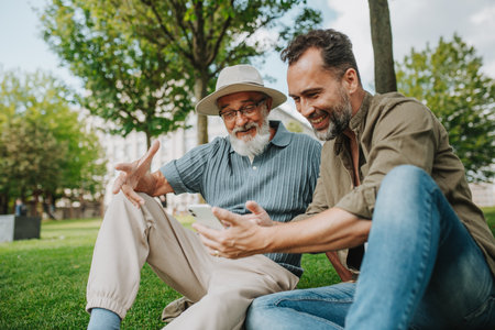 Son showing older father something in smartphone, sharing a joyful moment .の写真素材