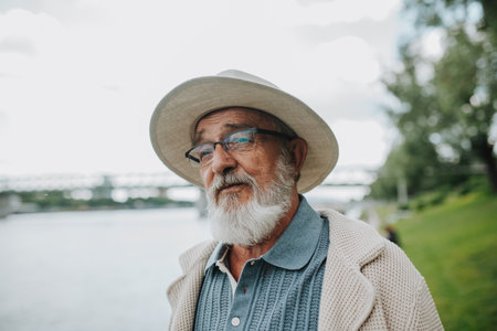 Pensive senior man looking at river.の写真素材