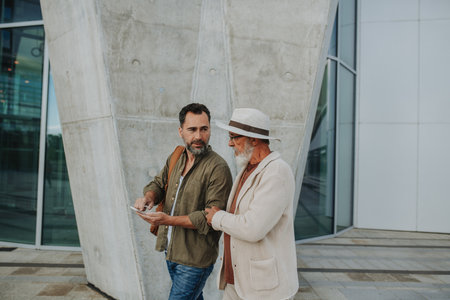 Mature son and father traveling together, looking at map on phone.の写真素材