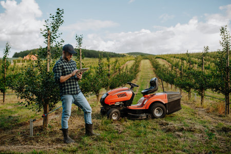 Farmer using digital tablet to inspect fruit trees in orchard.の写真素材