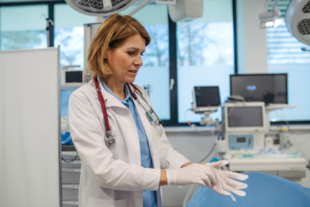 Female doctor is preparing for examination, putting on gloves.の写真素材