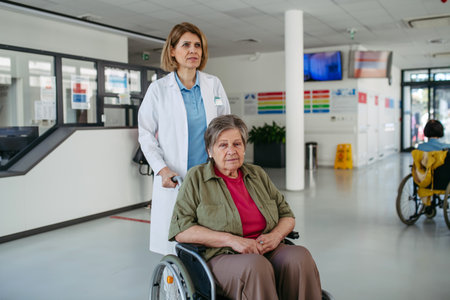Geriatric doctor pushing a patient in a wheelchair down a hospital hallway.の写真素材