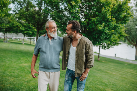Senior dad and middle-aged son enjoying peaceful walk in park.の写真素材