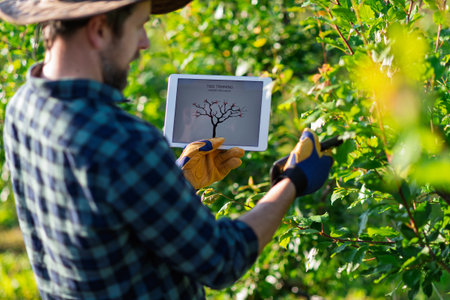 Farmer with tablet standing outdoors in orchard, learning how to trim a tree.の写真素材