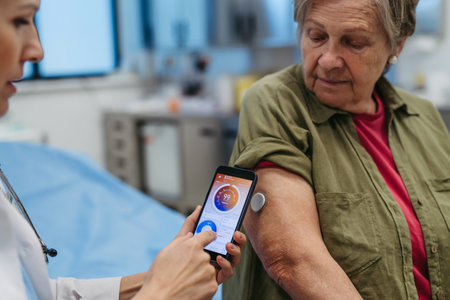 Endocrinologist teaching older patient how to connect continuous glucose monitor with mobil app.の写真素材