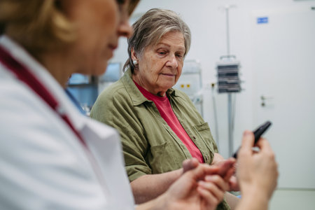 Female doctor using blood glucose meter during medical exam.の写真素材