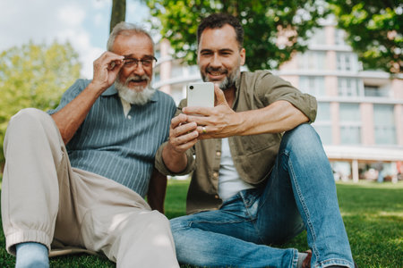 Son showing older father something in smartphone, sharing a joyful moment .の写真素材