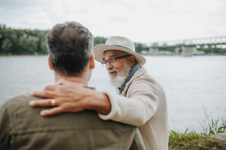 Father and adult son sharing a peaceful moment, lookign at river.の写真素材