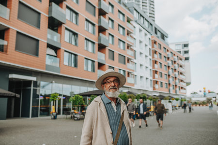Confident senior man standing in the middle of street.の写真素材