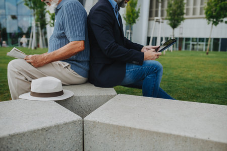Father and adult son sitting on bench in park, sharing peaceful moment.の写真素材