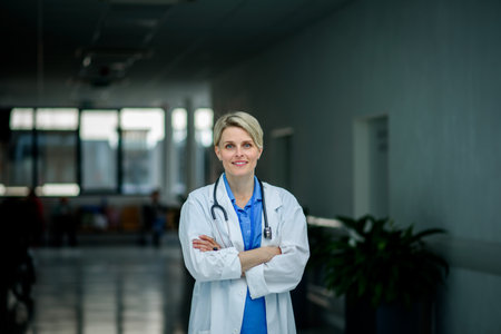 Young female doctor with short hair in hospital corridor.