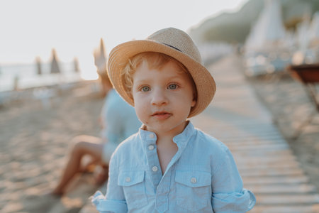 A small toddler boy standing on beach on summer holiday, having fun.の写真素材